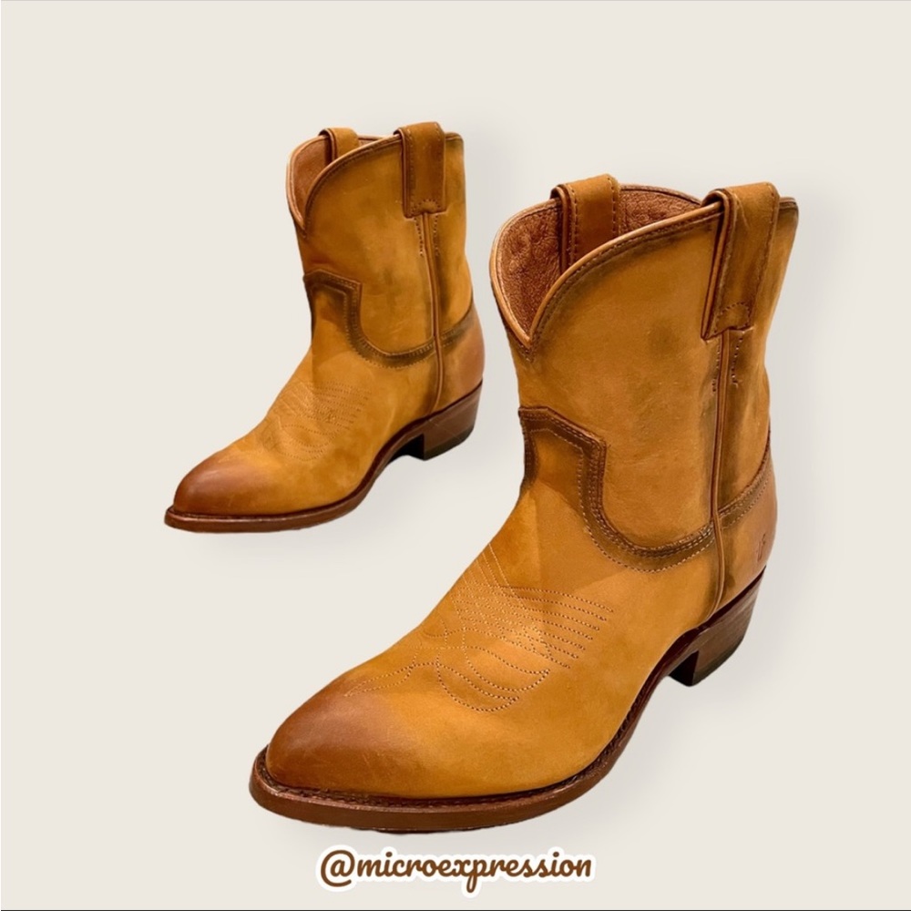 $369 Frye Billy Short Pull On Cognac Brown Leather Southern Cowboy Ankle Boots - Picture 8 of 15